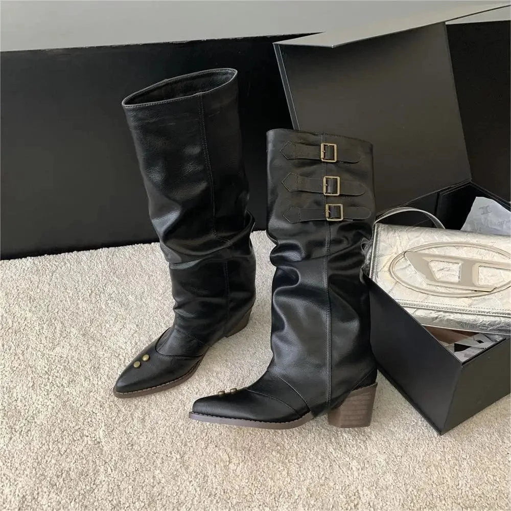 Dropshipping Custom Logo Vintage Low Heels Western Boots Women Shoes Rivet Cowboy Boots for Ladies