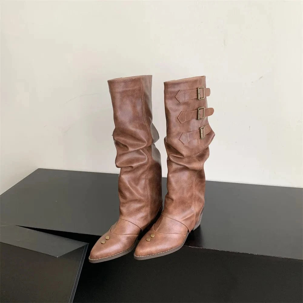 Dropshipping Custom Logo Vintage Low Heels Western Boots Women Shoes Rivet Cowboy Boots for Ladies