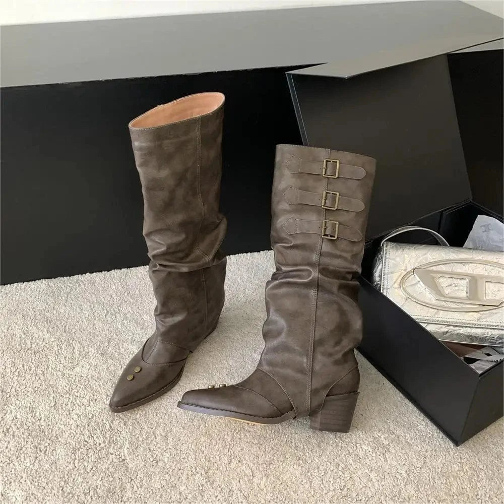 Dropshipping Custom Logo Vintage Low Heels Western Boots Women Shoes Rivet Cowboy Boots for Ladies