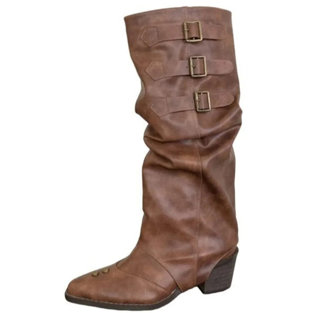 Dropshipping Custom Logo Vintage Low Heels Western Boots Women Shoes Rivet Cowboy Boots for Ladies