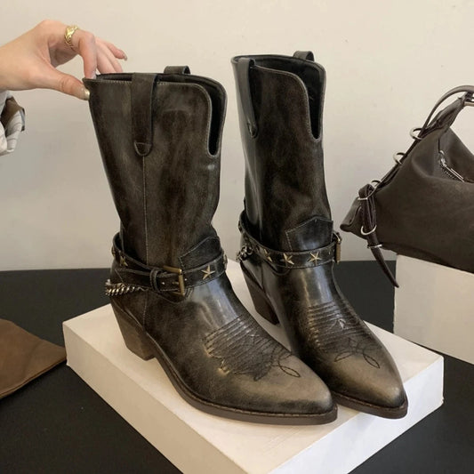 Dropshipping Custom Logo Vintage Western Cowboy Boots for Women Pointed Thick Heel Rubber Shoes with Short Belt Buckle Winter