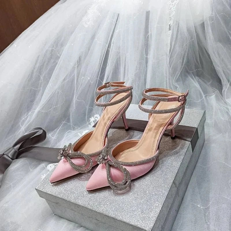 Dropshipping Custom Logo Women Rhinestone Bow Pointed Toe Satin Heeled Sandals Ladies Lace Up Stiletto Heels Dress Shoes
