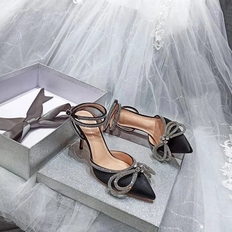 Dropshipping Custom Logo Women Rhinestone Bow Pointed Toe Satin Heeled Sandals Ladies Lace Up Stiletto Heels Dress Shoes