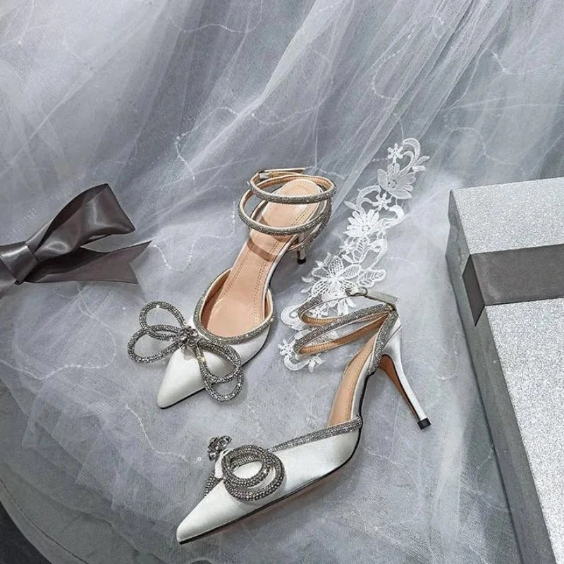 Dropshipping Custom Logo Women Rhinestone Bow Pointed Toe Satin Heeled Sandals Ladies Lace Up Stiletto Heels Dress Shoes