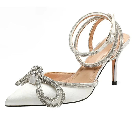 Dropshipping Custom Logo Women Rhinestone Bow Pointed Toe Satin Heeled Sandals Ladies Lace Up Stiletto Heels Dress Shoes