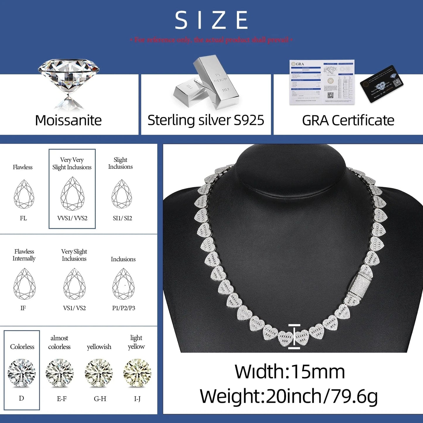 Dropshipping Luxury Hip Hop Jewelry 13mm 925 Sterling Silver VVS Moissanite Diamond Iced Out Heart Shape Tennis Chain Necklace