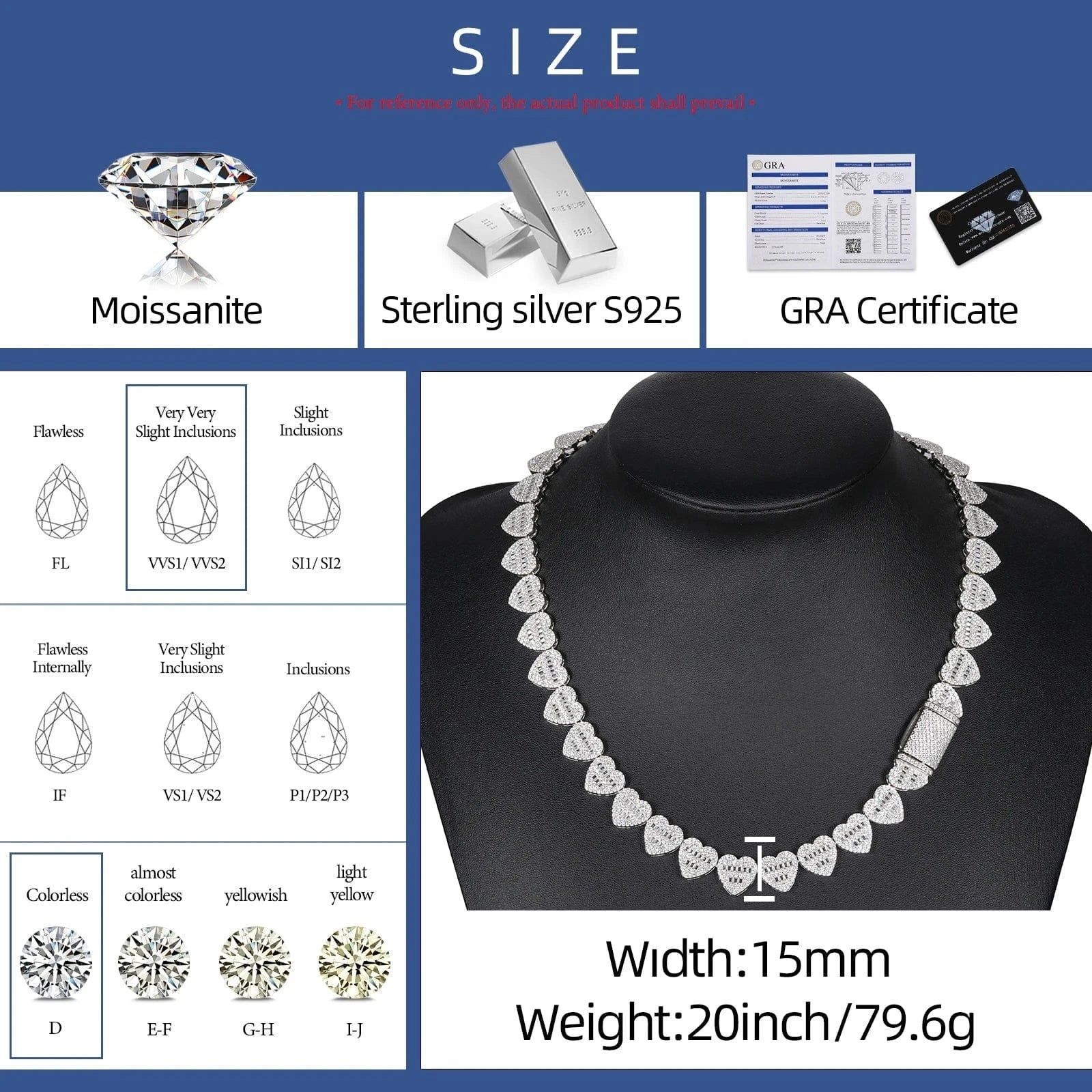 Dropshipping Luxury Hip Hop Jewelry 13mm 925 Sterling Silver VVS Moissanite Diamond Iced Out Heart Shape Tennis Chain Necklace