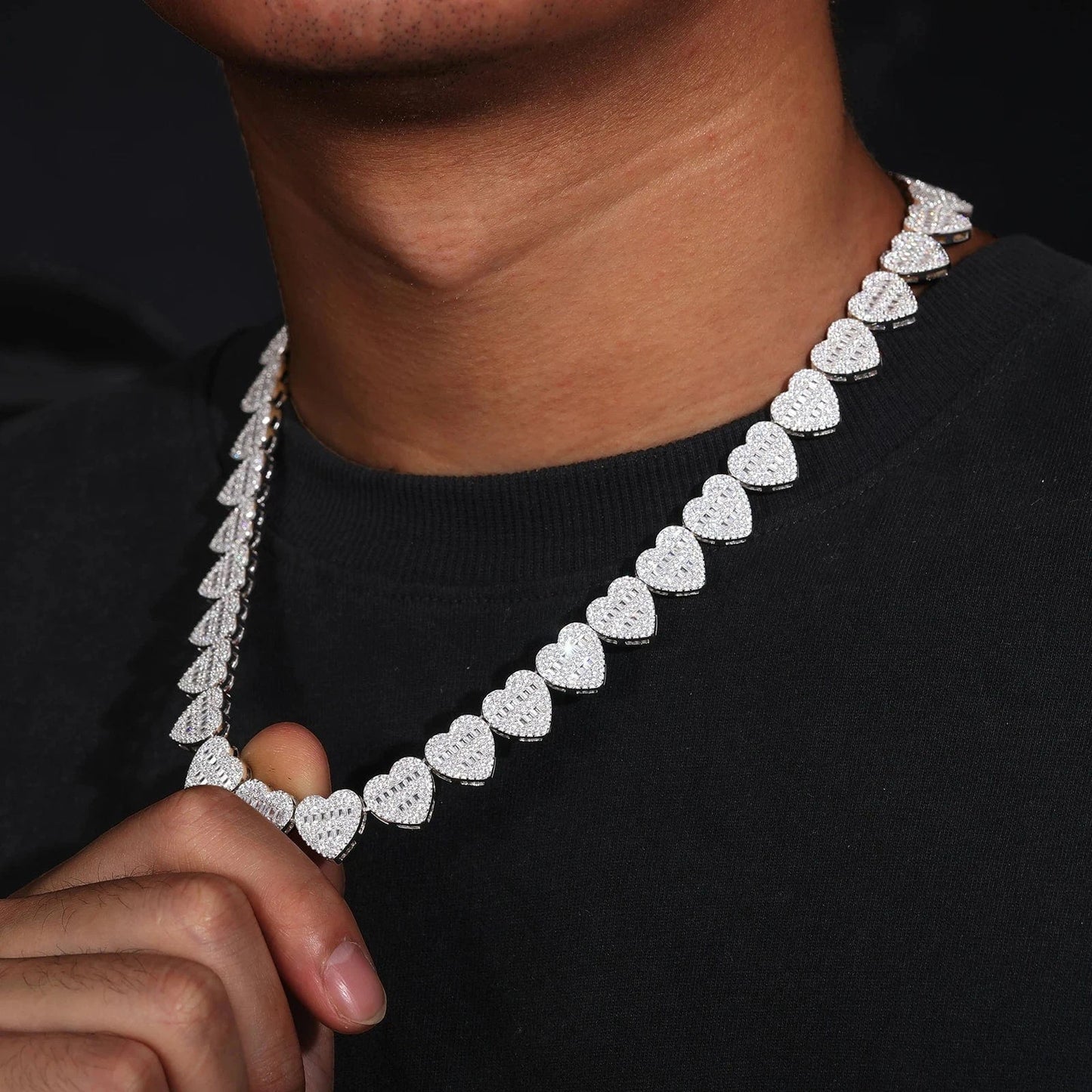 Dropshipping Luxury Hip Hop Jewelry 13mm 925 Sterling Silver VVS Moissanite Diamond Iced Out Heart Shape Tennis Chain Necklace