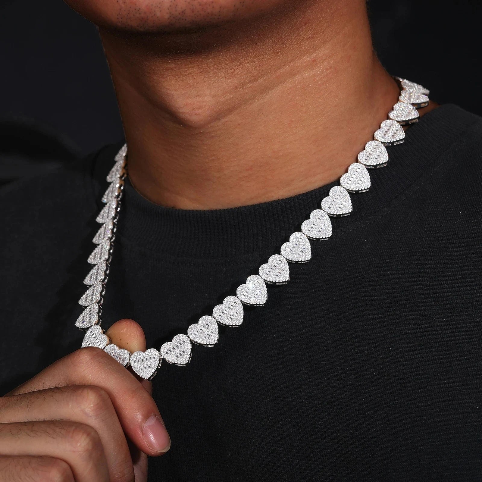 Dropshipping Luxury Hip Hop Jewelry 13mm 925 Sterling Silver VVS Moissanite Diamond Iced Out Heart Shape Tennis Chain Necklace