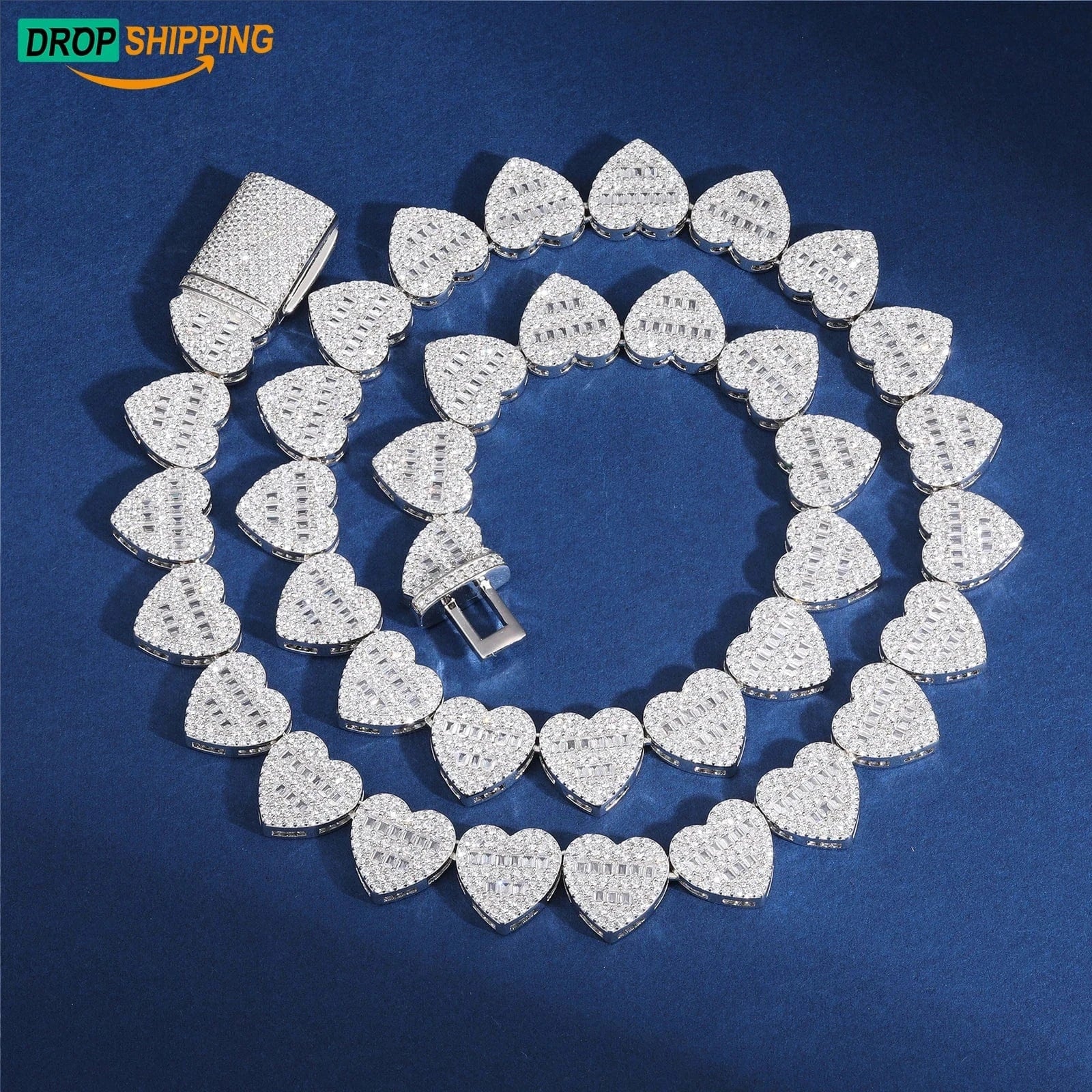 Dropshipping Luxury Hip Hop Jewelry 13mm 925 Sterling Silver VVS Moissanite Diamond Iced Out Heart Shape Tennis Chain Necklace