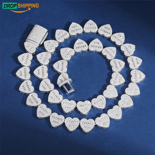 Dropshipping Luxury Hip Hop Jewelry 13mm 925 Sterling Silver VVS Moissanite Diamond Iced Out Heart Shape Tennis Chain Necklace