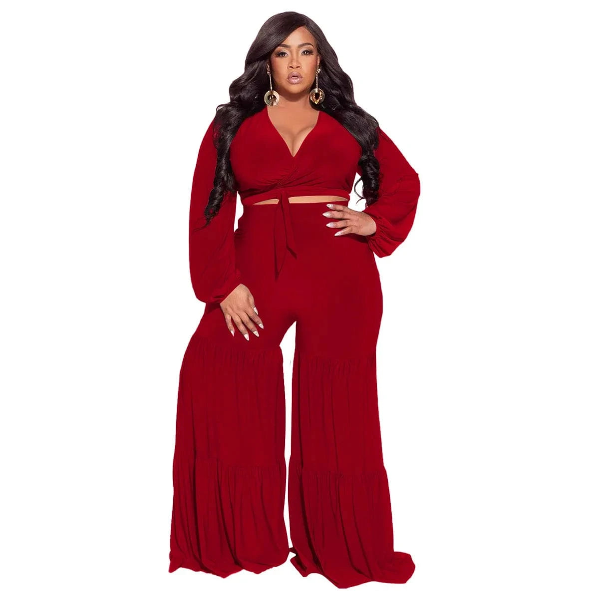 dropshipping products 2024 plus size women's sexy deep V-neck lace-up long-sleeved patchwork straight pants set