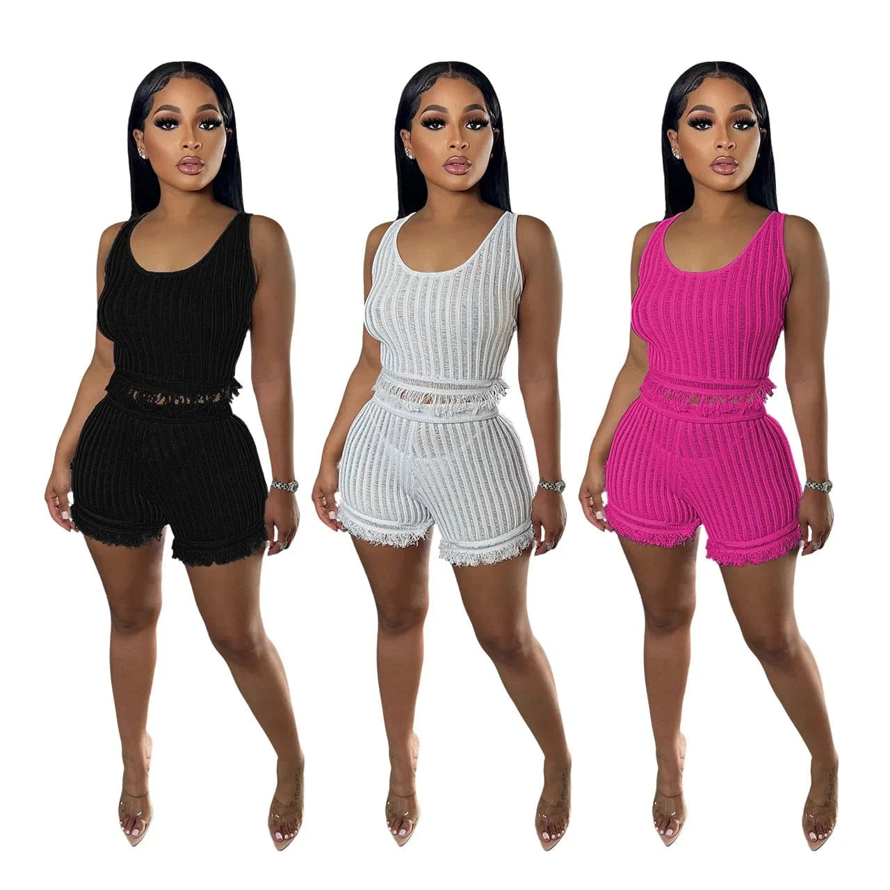 Dropshipping products 2024 summer beach causal women's sets mesh tassel tank top and shorts set