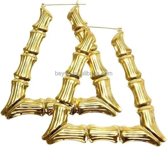 DST Inspiration Oversized Gold Bamboo Triangle Hollow Hoop Earrings for Women Girl Big Large Bamboo Hoop Earring Punk Jewelry