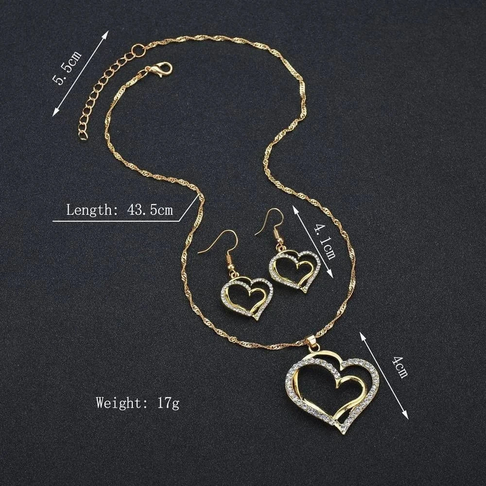 DY Romantic Wedding Party Pendant Necklace Earrings and Bracelet Jewelry Set for Women Gift Box Heart Diamond Crystal Zinc Alloy