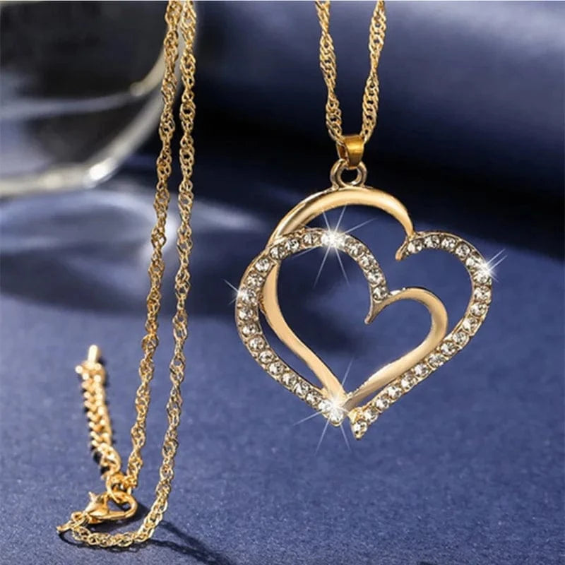 DY Romantic Wedding Party Pendant Necklace Earrings and Bracelet Jewelry Set for Women Gift Box Heart Diamond Crystal Zinc Alloy