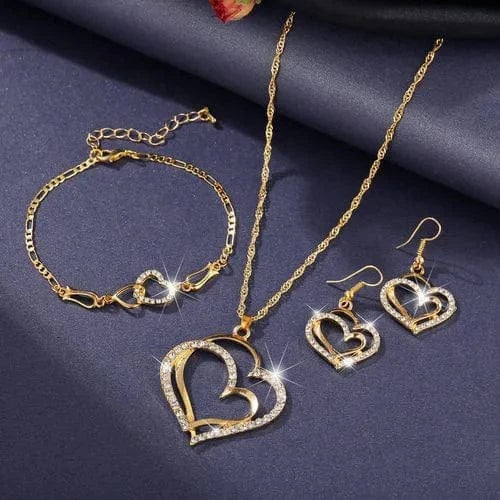 DY Romantic Wedding Party Pendant Necklace Earrings and Bracelet Jewelry Set for Women Gift Box Heart Diamond Crystal Zinc Alloy