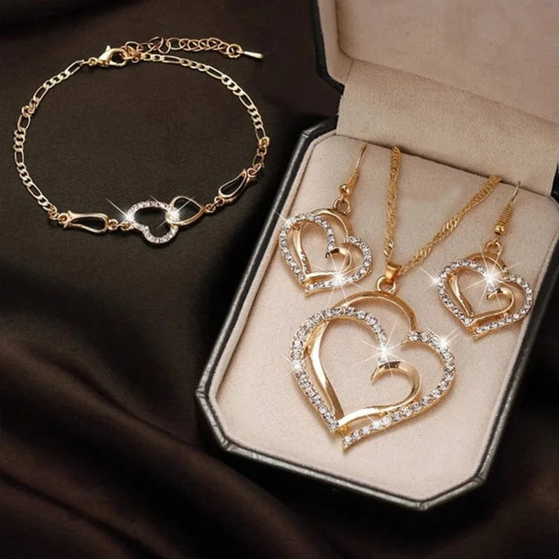 DY Romantic Wedding Party Pendant Necklace Earrings and Bracelet Jewelry Set for Women Gift Box Heart Diamond Crystal Zinc Alloy