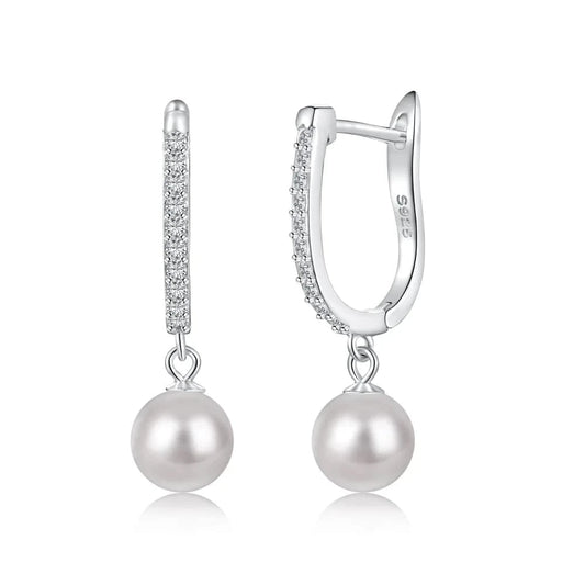 DY110236-S-W-WH Dylam Design Fine Jewelry S925 Silver Rhodium Plated Hypoallergenic 5A Cubic Zirconia Shell Pearl Dangle Earrings for Women