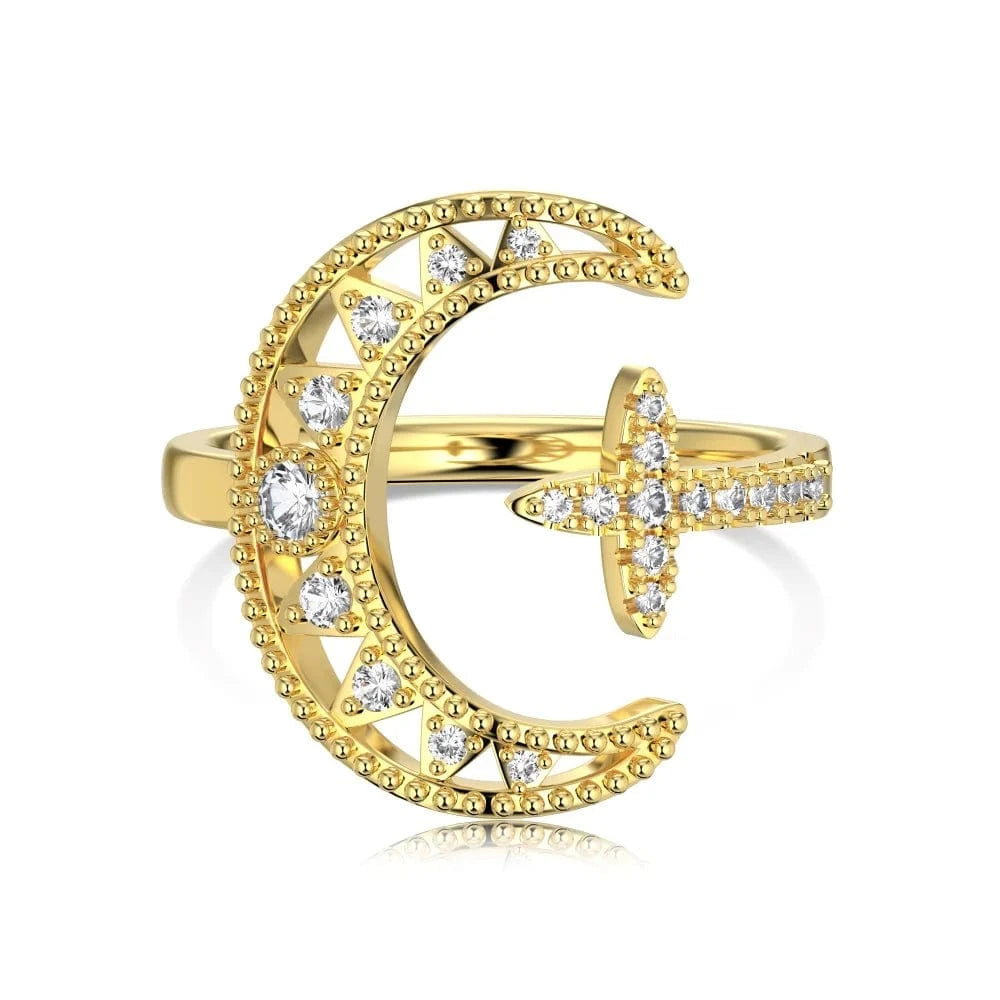 DY120976-S-G-WH Dylam Factory 925 Silver Ring Cz Zircon Light Luxury Elegant Hollow Moon Star Design 18K Gold Open Adjustable Rings For Women