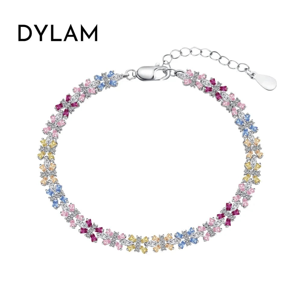 DY150244(16.5+2) Dylam Wholesale Jewelry 18K Gold Plated S925 Sterling Silver Rainbow Bracelet Colorful Baguette Diamond Tennis Bracelets Women
