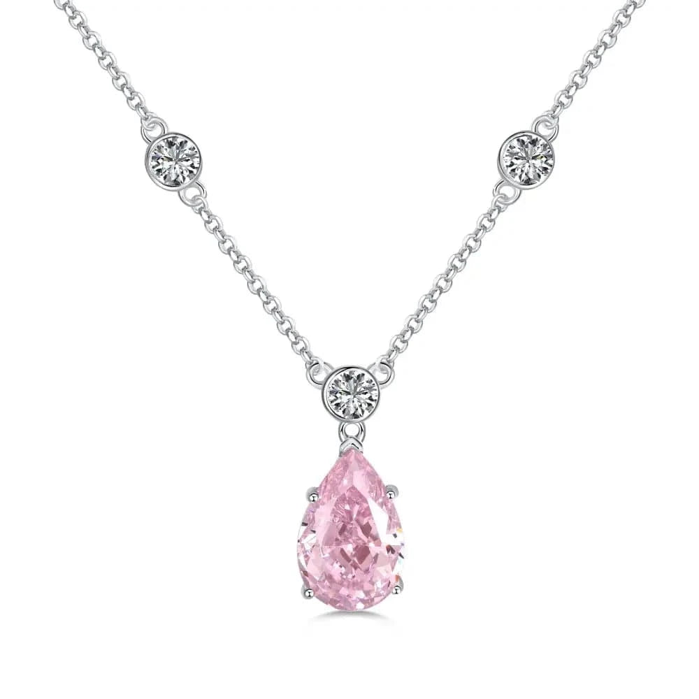 DY190431-S-W-BF Dylam Fine Wedding Party Bridal Jewelry 925 Sterling Silver Diamond Tear Pear Shape Pink Clear 8A Zirconia Pendant Necklace