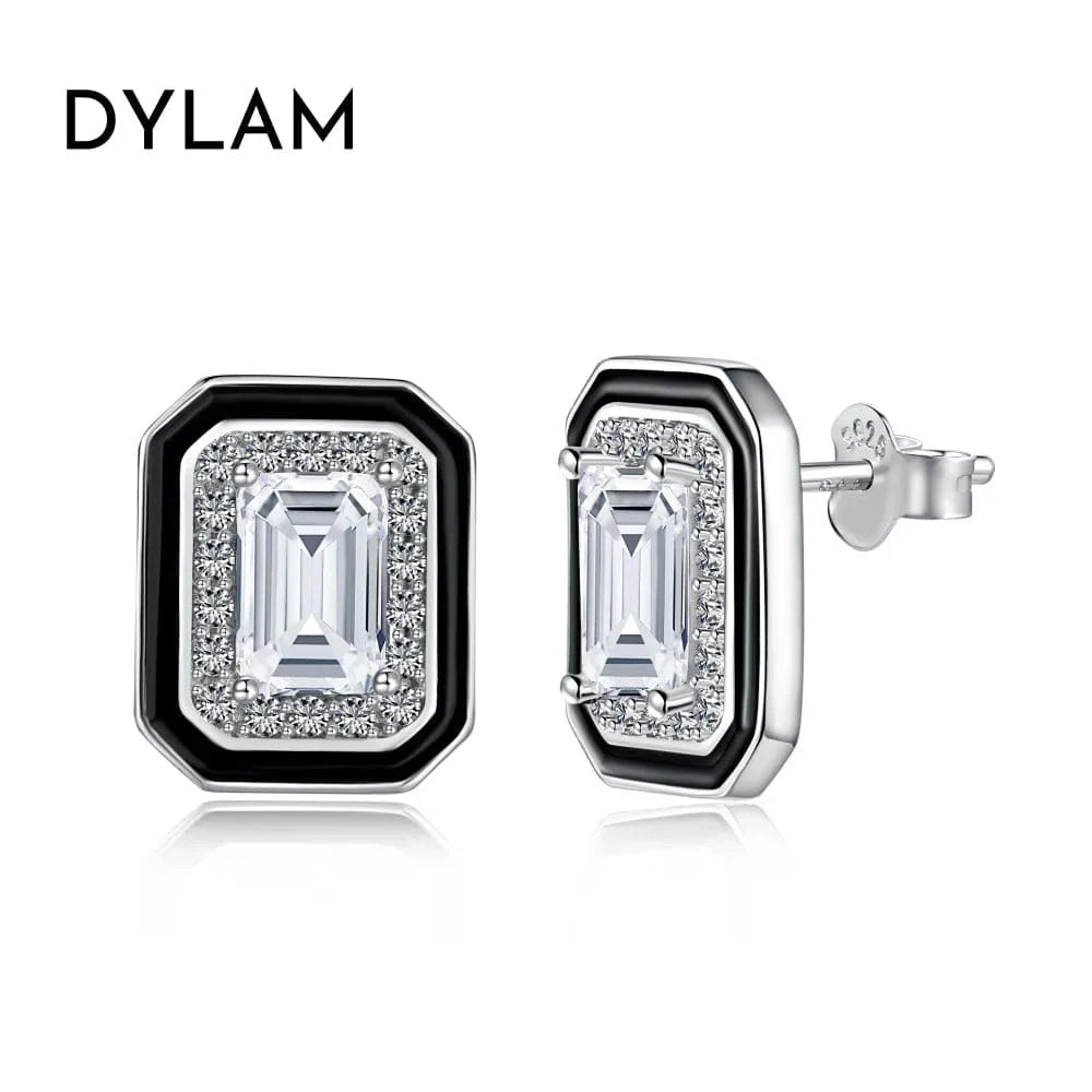 DY1D0308-S-W-WH Dylam Enamel Earring High Quality Square Cut Cz Zirconia Sterling Silver 925 Stud Earrings Women Jewelry Set Bulk Wholesale