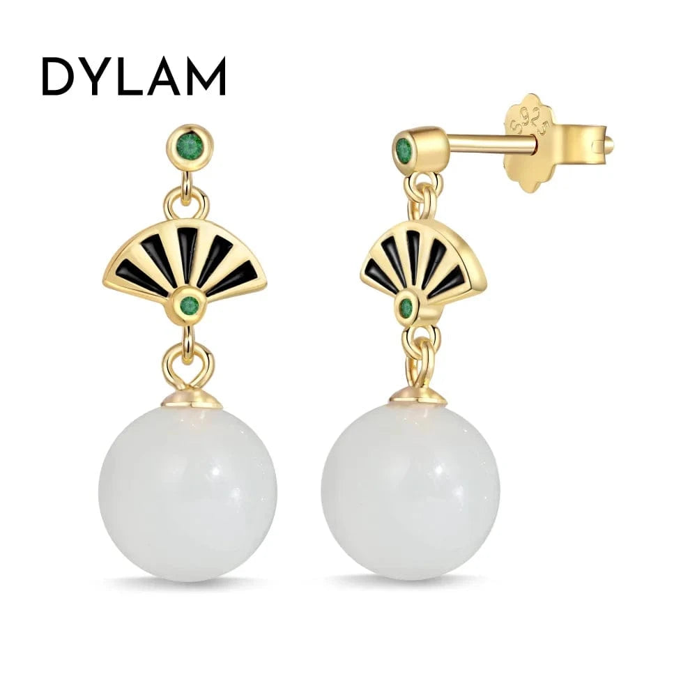 DY1D0344-S-G-WH Dylam Hypoallergenic S925 Silver Needle Drop Earrings Women 22K Gold Plated Sparkling Fan Shape Hetian Jade Earrings Jewelry