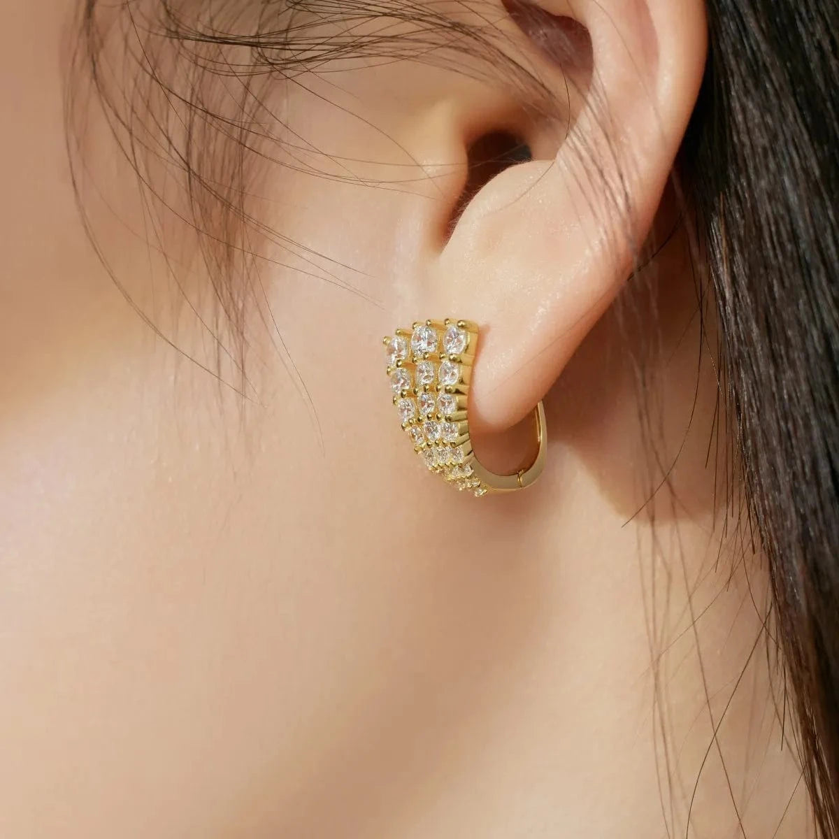 Dylam 18K Gold Plated Triple Diamond Cz Cubic Zirconia Earring High Quality Huggie Hoop Silver 925 Sterlings Earrings For Women