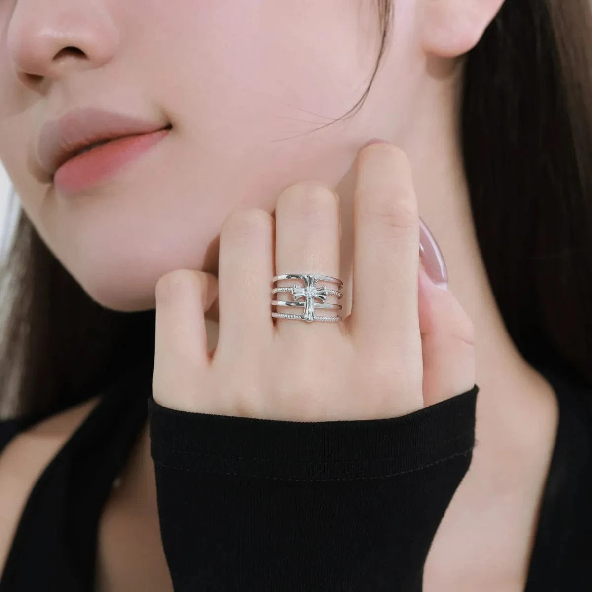 Dylam 2024 Customization18K Gold Plated Ring Diamond Cz Cubic Zirconia Cross Multi-Layer Ring Retro S925 Silver Rings For Women