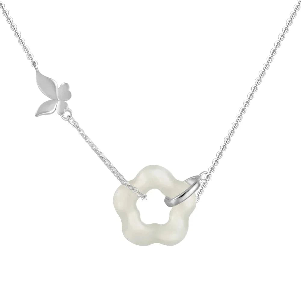 Dylam 925 Sterling Silver 22K Gold Plated Choker Flower Butterfly Jade Dangle Necklace Hetian Floral Jade Charm Necklaces Women