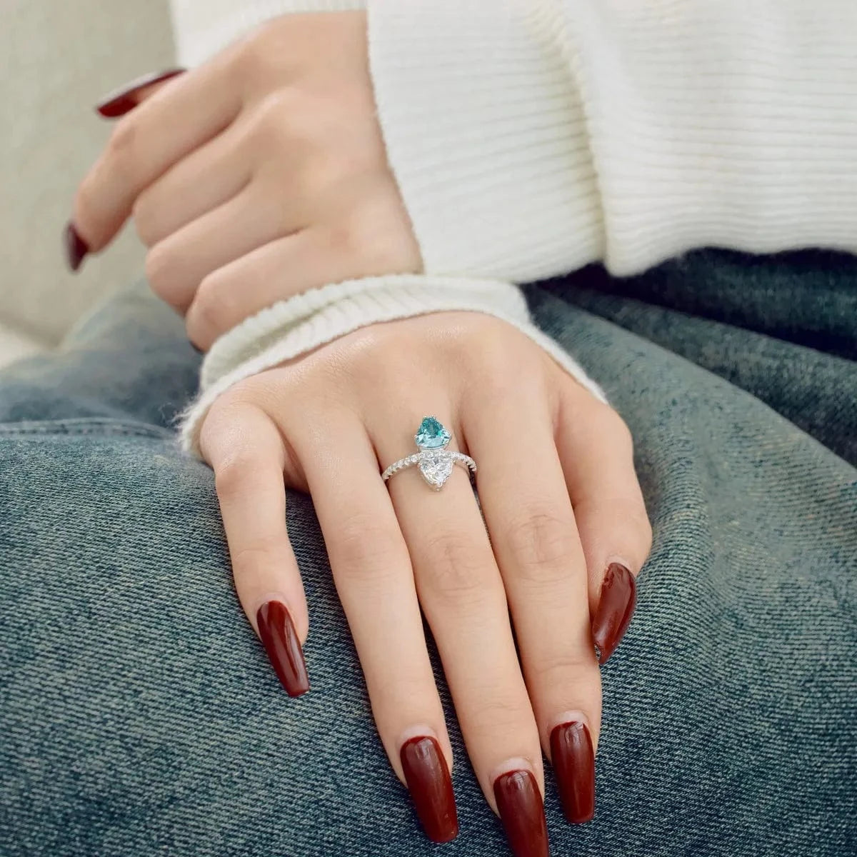 Dylam 925 Sterling Silver High-End Design Double Stone Blue Ruby Cz Cubic Zirconia Ring Wedding Engagement Rings For Women