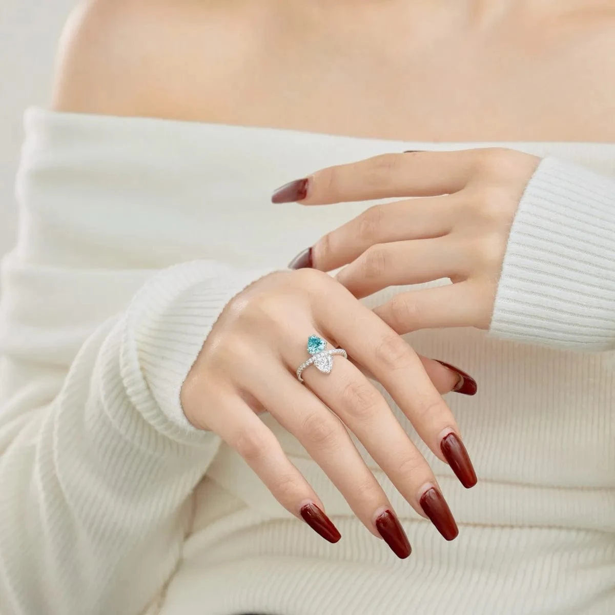 Dylam 925 Sterling Silver High-End Design Double Stone Blue Ruby Cz Cubic Zirconia Ring Wedding Engagement Rings For Women