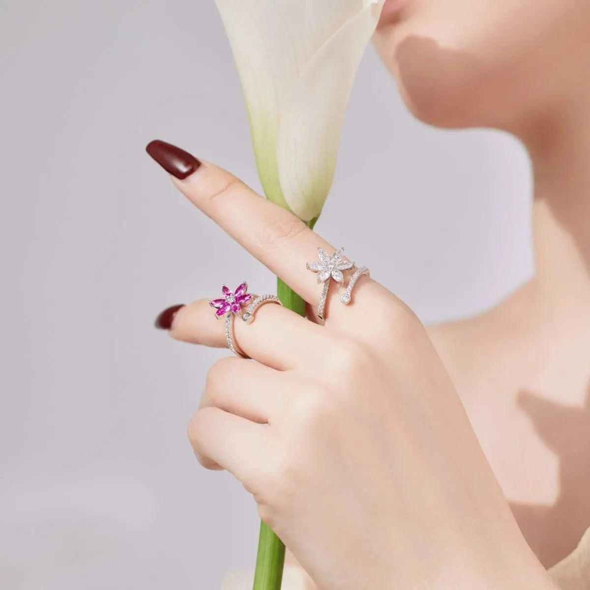 Dylam Beautiful Colorful Pink Cz Cubic Zircon Ring For Girls Lady Lovely Dainty S925 Sterling Silver Flower Rings Jewelry Women