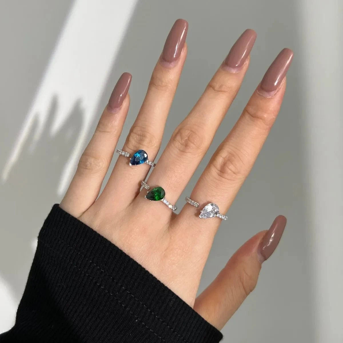 Dylam Classic Pear Waterdrop Shaped Ring Blue Green Cubic Zirconia Non Fade Open Promise Wedding Rings For Women 925 Silver