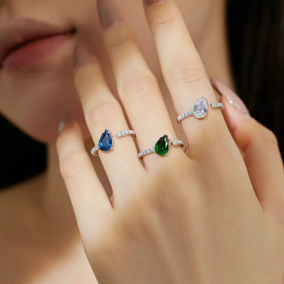 Dylam Classic Pear Waterdrop Shaped Ring Blue Green Cubic Zirconia Non Fade Open Promise Wedding Rings For Women 925 Silver