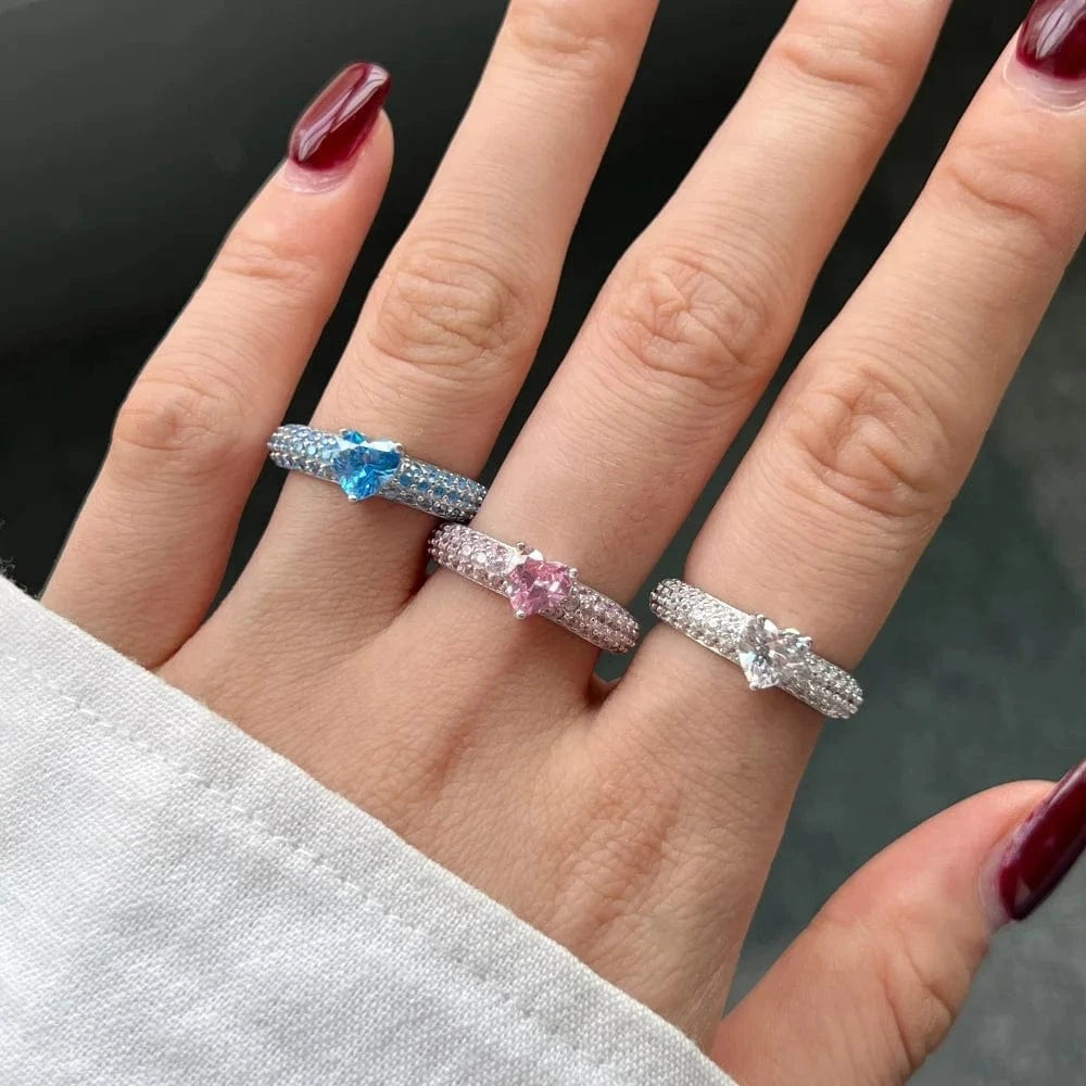 Dylam Classic S925 Silver Set Cz Heart Ring Pink Blue Diamond Wedding Ring Couple Engagement Band Bridal Set Rings Jewelry Women