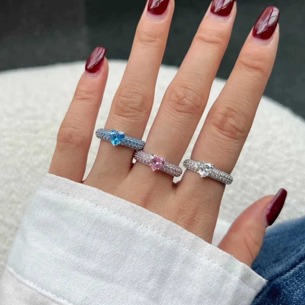 Dylam Classic S925 Silver Set Cz Heart Ring Pink Blue Diamond Wedding Ring Couple Engagement Band Bridal Set Rings Jewelry Women