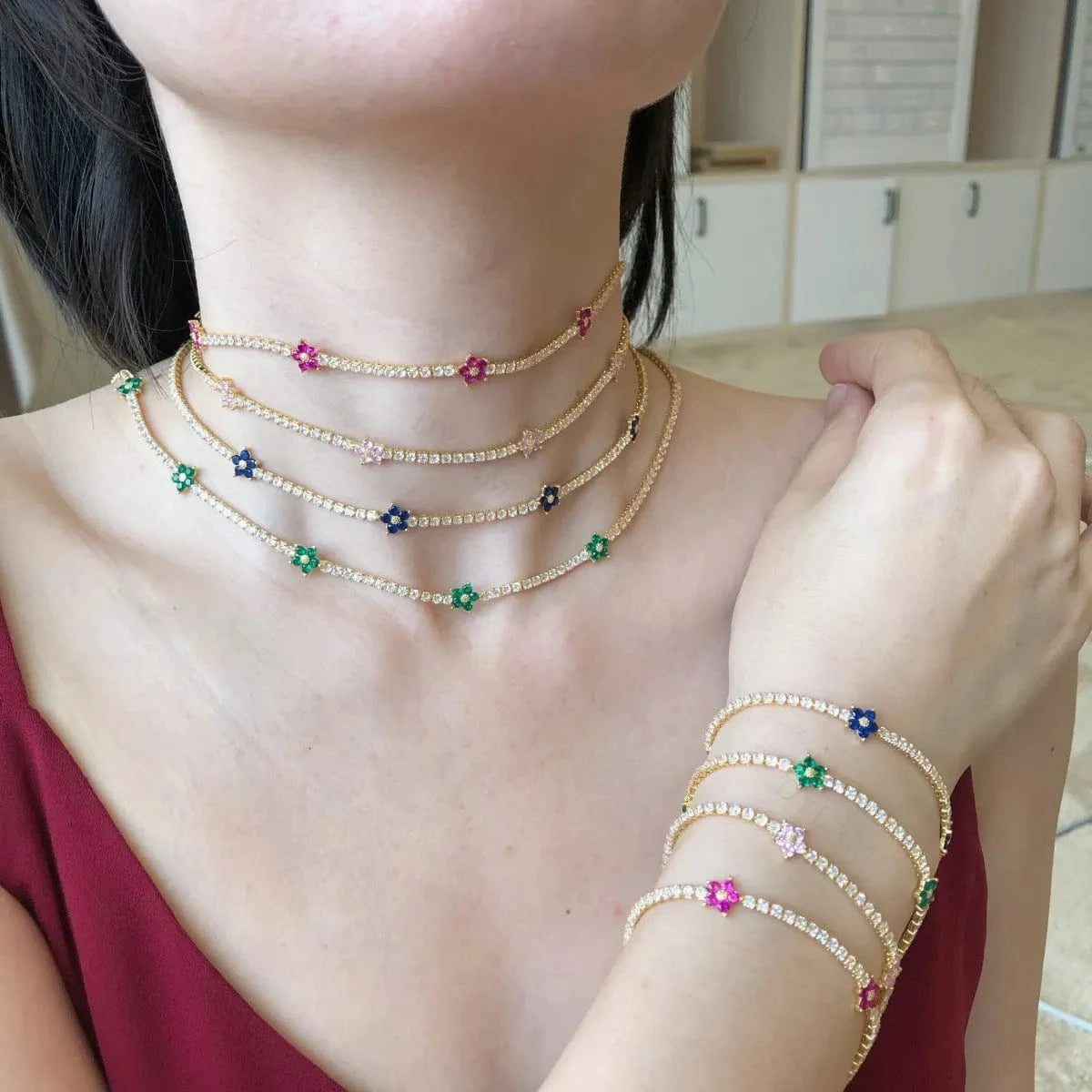 Dylam Custom Fashion Jewelry 18k 5A Cubic Zirconia 925 Sterling Silver Engagement Flower Choker Tennis Necklaces Set For Women