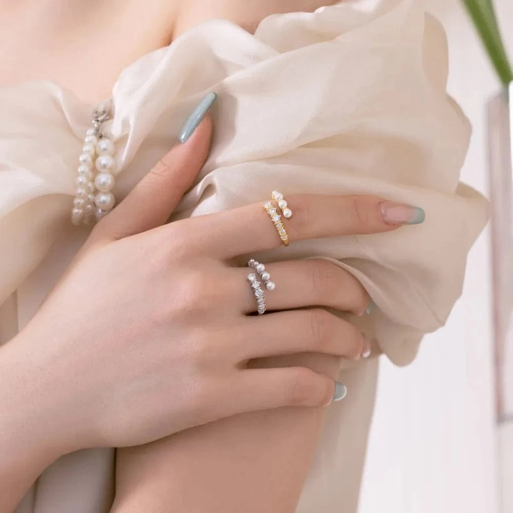 Dylam Dainty Fine Fashion 925 Sterling Silver Rhodium 18K Gold Plated Twisted Circle Shell Pearl 5A Zirconia Jewelry Open Rings