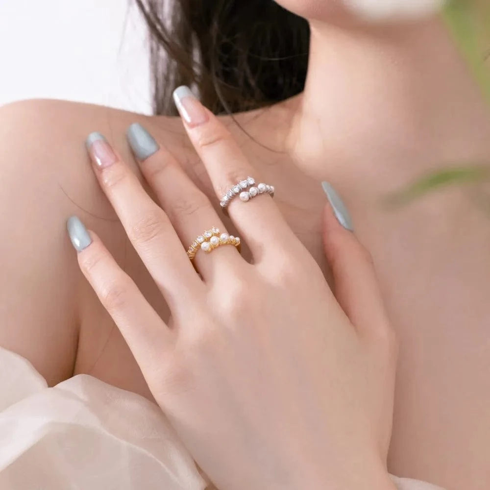 Dylam Dainty Fine Fashion 925 Sterling Silver Rhodium 18K Gold Plated Twisted Circle Shell Pearl 5A Zirconia Jewelry Open Rings