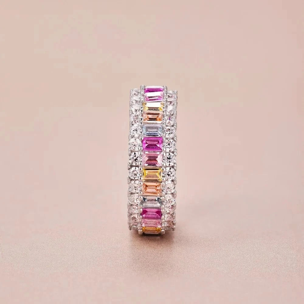 Dylam Dainty Non Tarnish 925 Sterling Silver Rhodium Plated Dress Up Diamond Colorful 5A Zirconia Baguette Eternity Band Rings