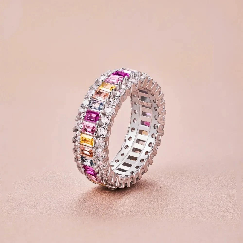 Dylam Dainty Non Tarnish 925 Sterling Silver Rhodium Plated Dress Up Diamond Colorful 5A Zirconia Baguette Eternity Band Rings