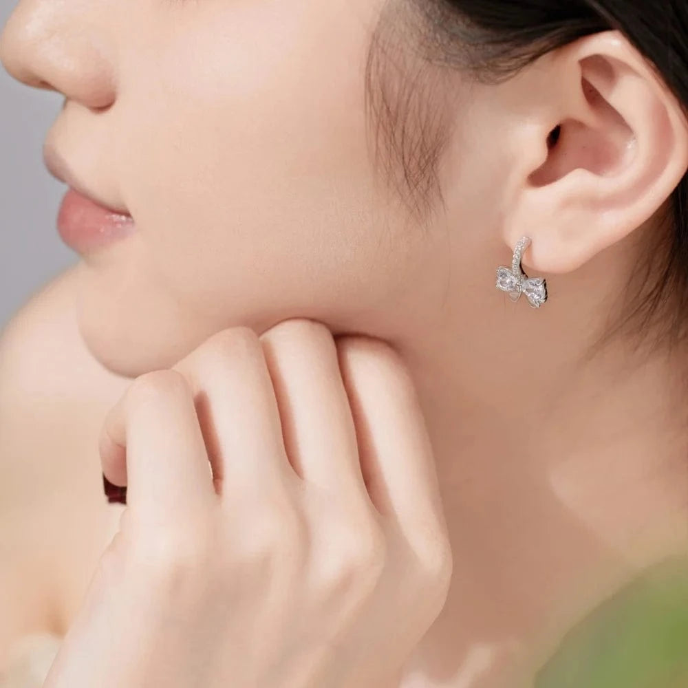 Dylam Dainty Women Jewelry S925 Silver Rhodium 18K Gold Plated 5A Cubic Zirconia Sweetie Heart-Shaped Bow Stud Earrings