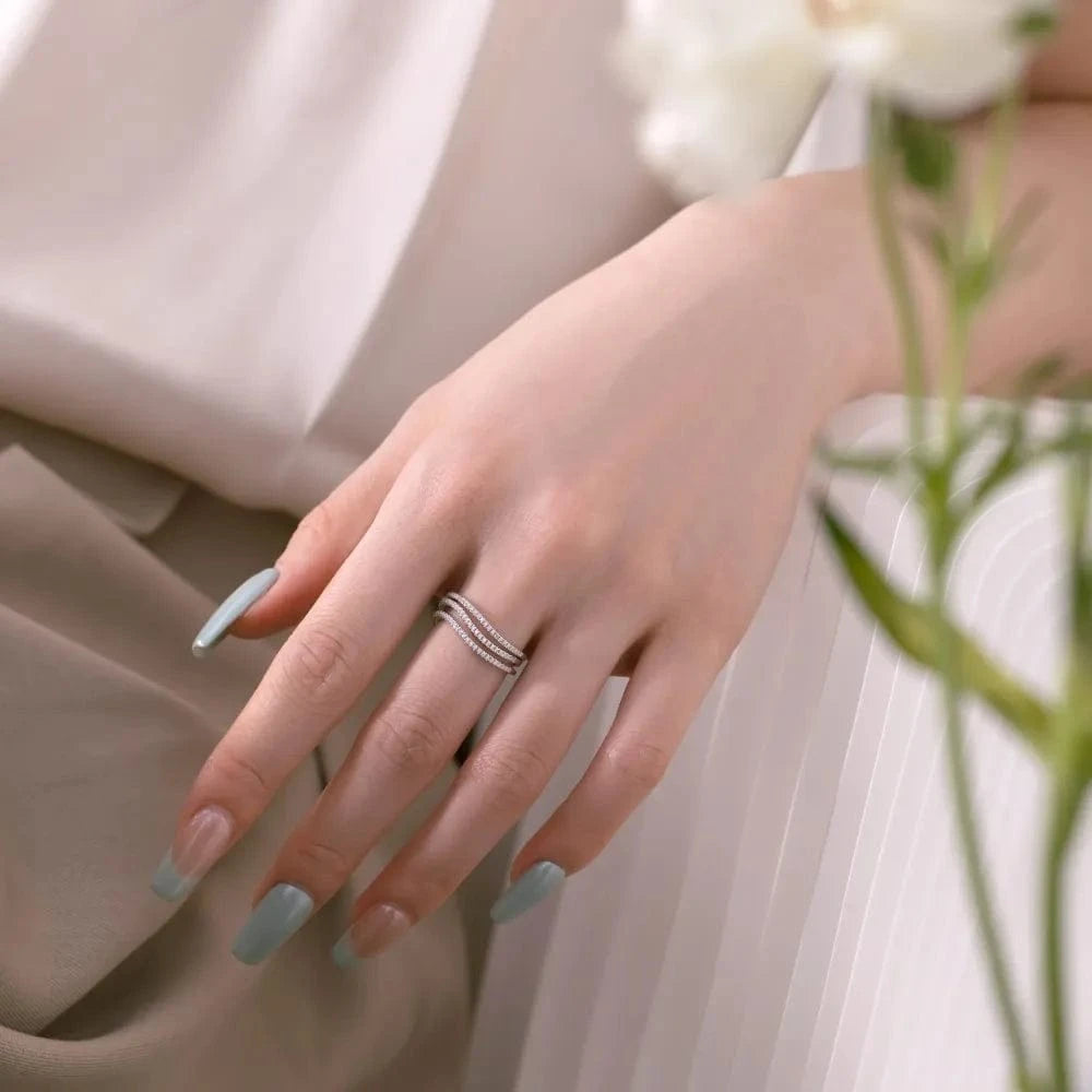 Dylam Dazzling Fine Fashion Jewellery Women S925 Silver Rhodium Plated 3-Layer Twisted Wave Simplicity 5A Zirconia Jewelry Rings