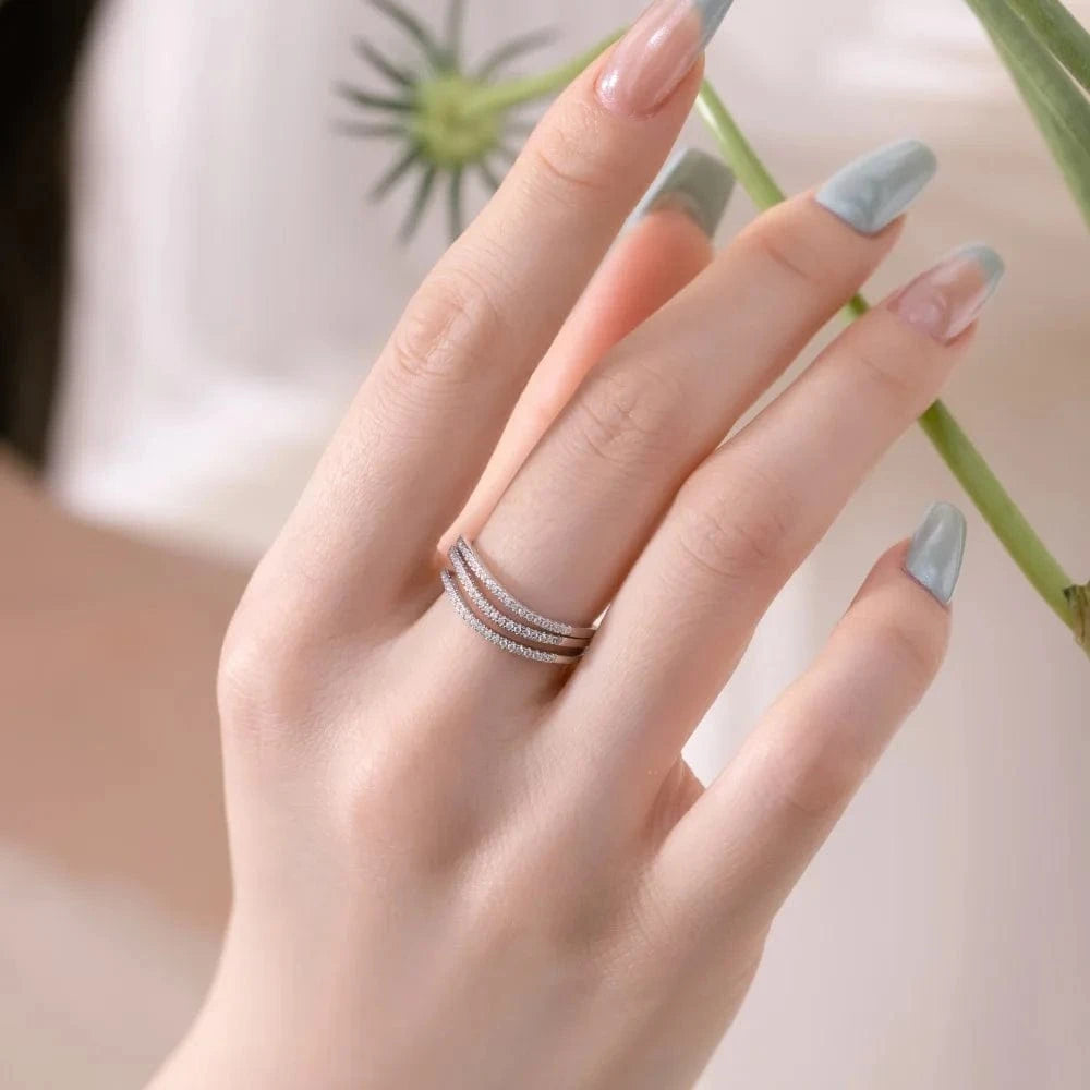 Dylam Dazzling Fine Fashion Jewellery Women S925 Silver Rhodium Plated 3-Layer Twisted Wave Simplicity 5A Zirconia Jewelry Rings