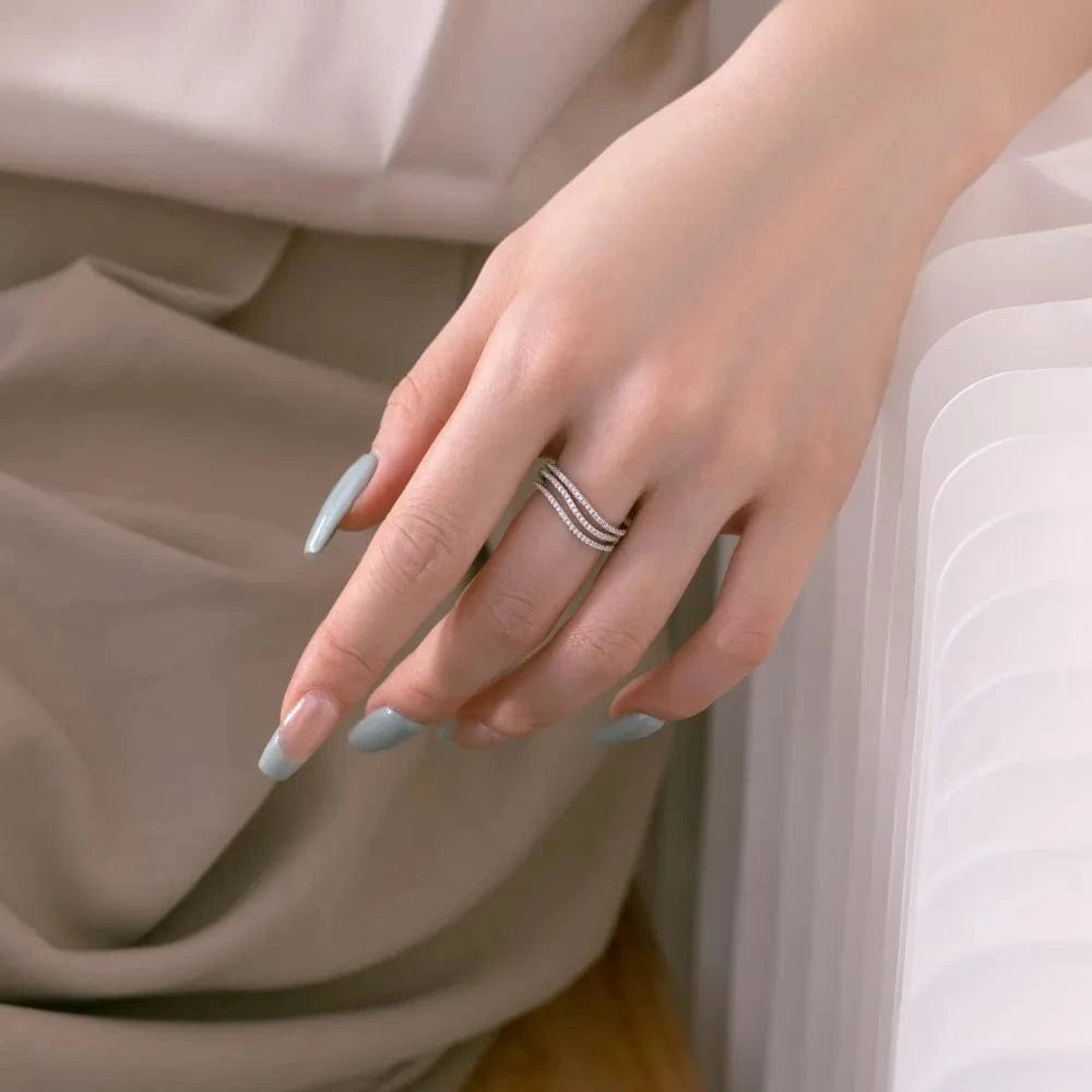 Dylam Dazzling Fine Fashion Jewellery Women S925 Silver Rhodium Plated 3-Layer Twisted Wave Simplicity 5A Zirconia Jewelry Rings