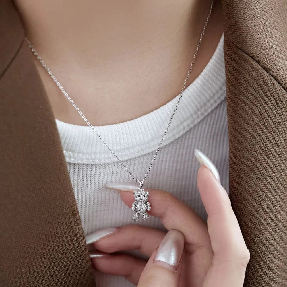 Dylam Dazzling Jewelry 5A Cubic Zirconia Diamond Rhodium 18K Gold Plated Teddy Bear Charm Pendant Fine Fashion Jewelry Necklace