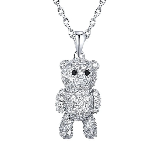 Dylam Dazzling Jewelry 5A Cubic Zirconia Diamond Rhodium 18K Gold Plated Teddy Bear Charm Pendant Fine Fashion Jewelry Necklace