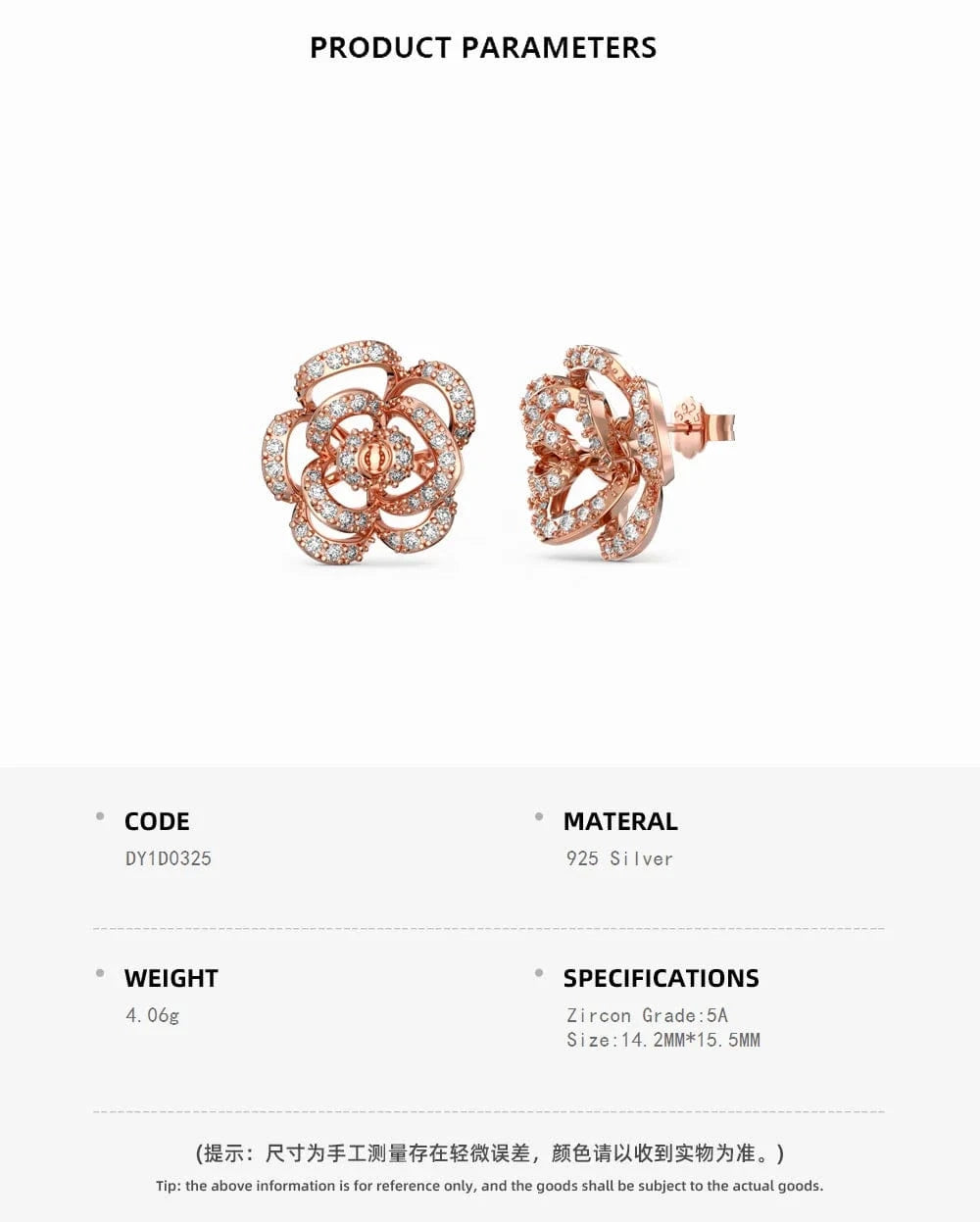 Dylam Dropshipping S925 Silver Rose Flower Earring 18K Gold Plated Jewelry Cubic Zirconia Stud Earrings Women Party Or Wedding